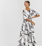 Another Reason Tie Back Maxi Smock Dress In Marble - White