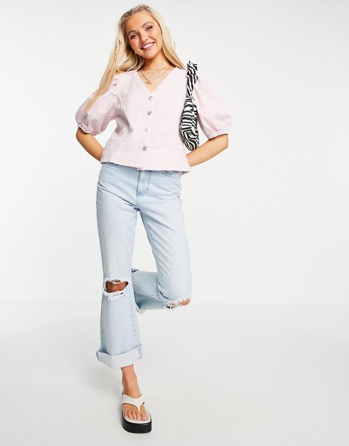 Pieces Cotton Denim Top With Puff Sleeve In Lilac - Purple