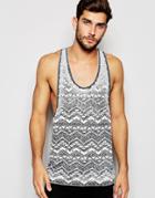 Asos Tank In All Over Geo-tribal Print And Burn Wash With Extreme Racer Back - Gray