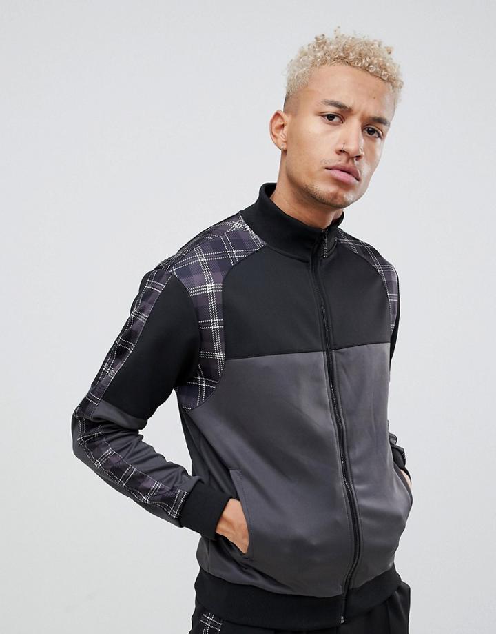 Night Addict Paneled Plaid Zip Thru Tracksuit Jacket - Black