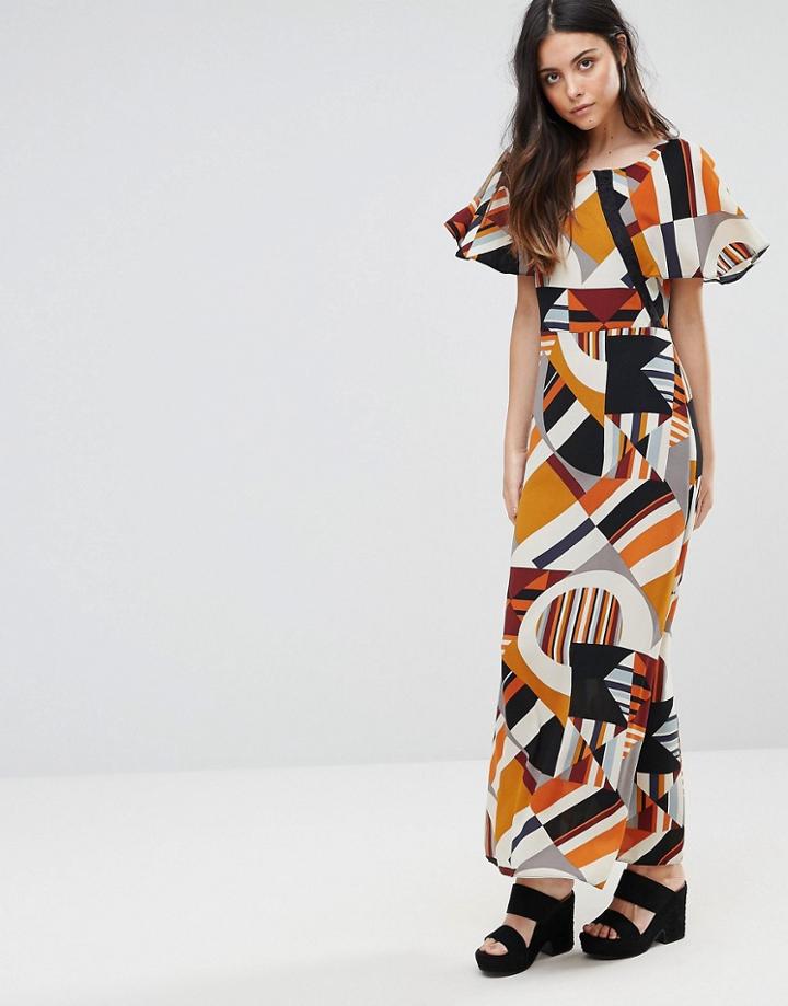 Liquorish Frill Sleeve Maxi Dress In Geometric Print - Multi