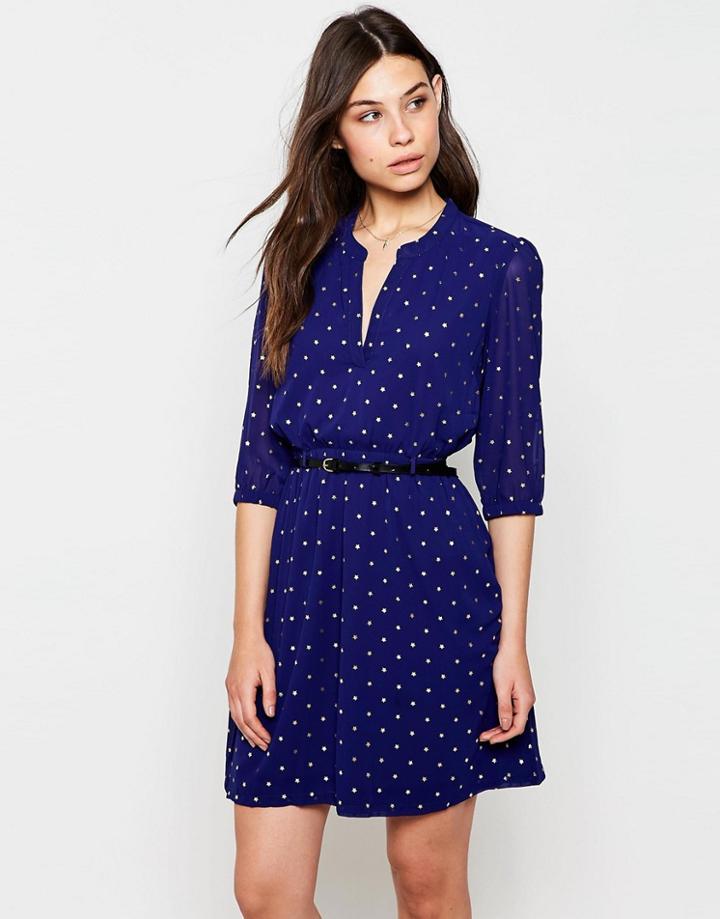 Yumi Belted Dress With 3/4 Sleeve In Star Foil Print - Navy