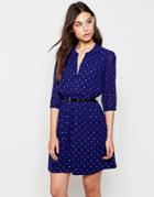 Yumi Belted Dress With 3/4 Sleeve In Star Foil Print - Navy