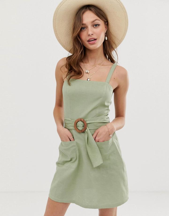 Asos Design Square Neck Linen Mini Sundress With Wooden Buckle & Contrast Stitch - Green
