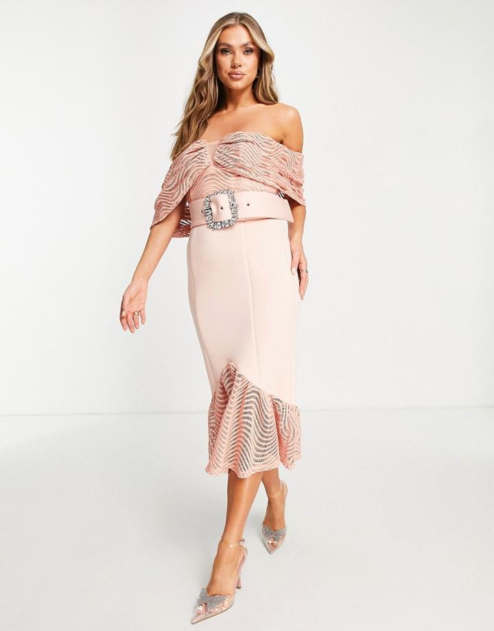 Asos Design Bardot Lace Midi Dress With Peplum Hem And Belt Detail In Dusky Pink