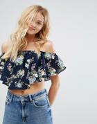 Bershka Floral Bardot Ruffle Crop Top - Multi