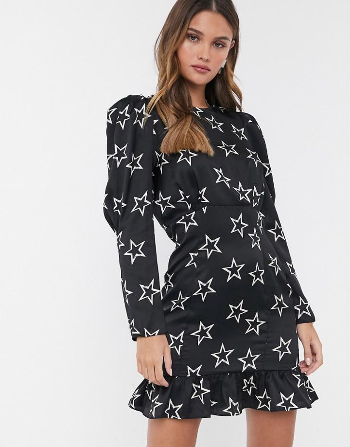 River Island Mini Dress With Puff Sleeves In Black Star Print