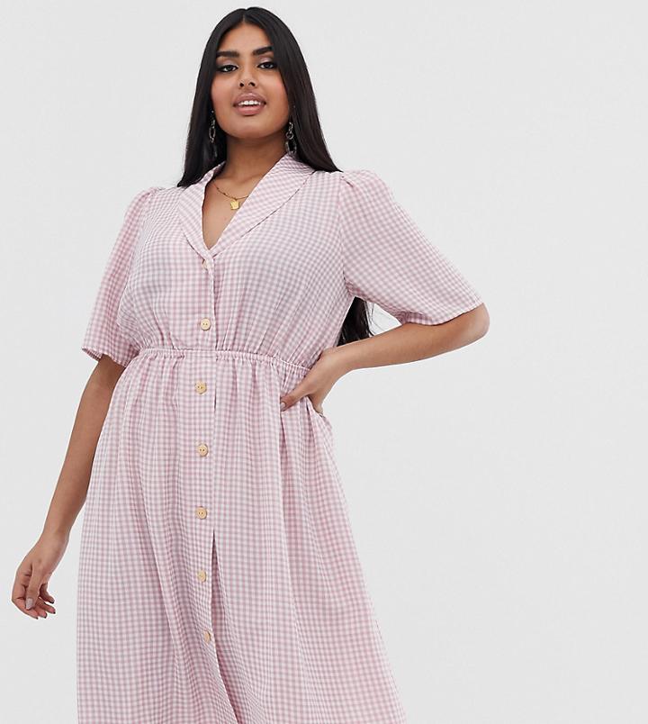 Fashion Union Plus Button Front Midi Shirt Dress In Gingham-pink