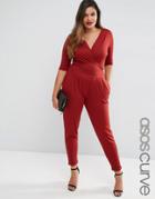 Asos Curve Wrap Jumpsuit With 3/4 Sleeve - Rust