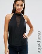 Asos Petite High Neck Halter Top With Sheer Plunge - Black