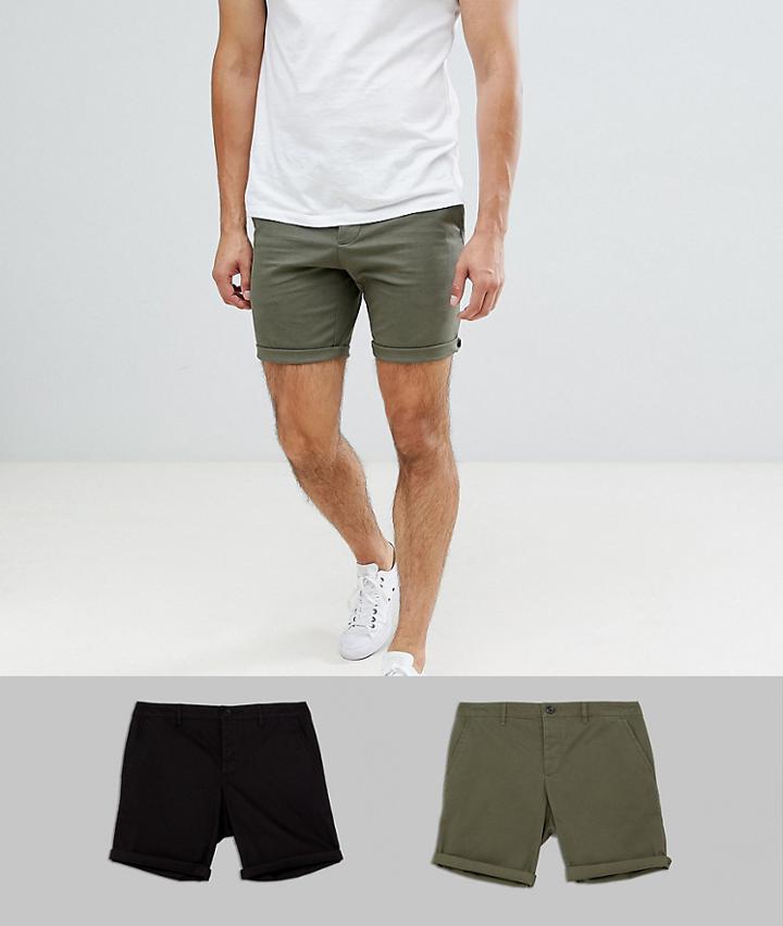Asos Design 2 Pack Slim Chino Shorts In Khaki/black Save - Multi