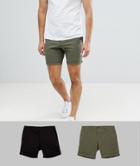 Asos Design 2 Pack Slim Chino Shorts In Khaki/black Save - Multi