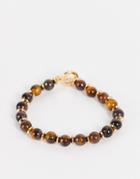 Asos Design Beaded Bracelet With Tigers Eye Stones And T-bar In Brown-gold