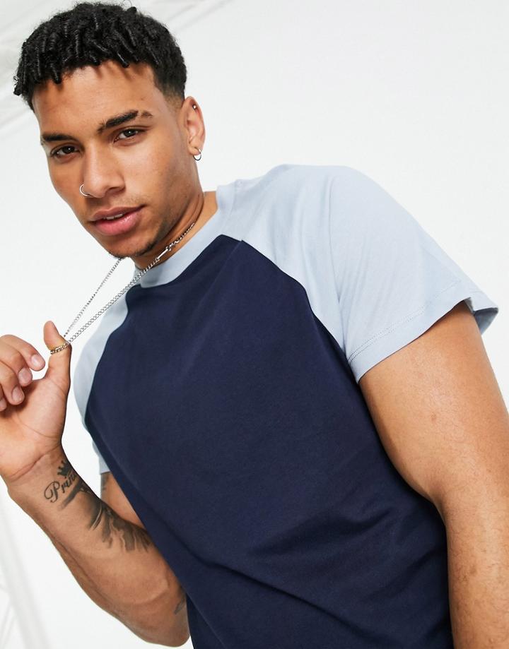 Asos Design Raglan T-shirt With Crew Neck In Navy And Light Blue