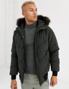 Asos Design Puffer Jacket In Khaki With Fur Hood-green