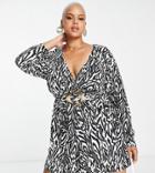 Asos Design Curve Textured Long Sleeve Wrap Mini Dress With Tortoise Shell Belt In Mono Zebra-multi