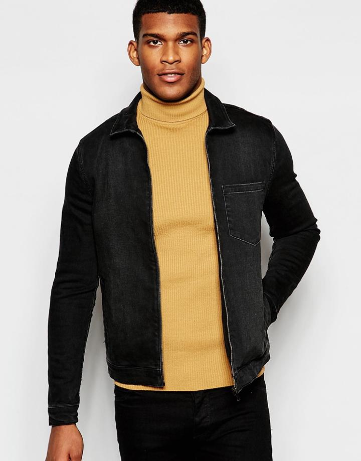 Asos Skinny Fit Zip Through Denim Jacket In Black - Black