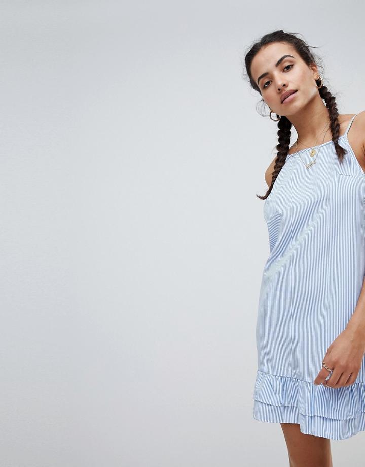 Prettylittlething Stripe Square Neck Frill Hem Dress - Blue