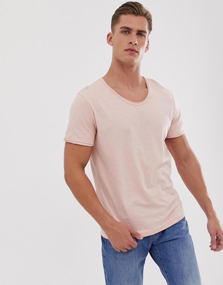 Jack & Jones Premium Scoop Neck Slub T-shirt In Pink