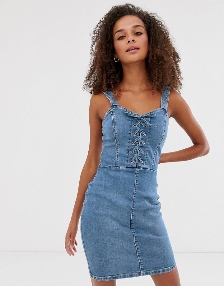 New Look Bodycon Dress With Lace Up In Denim-blue