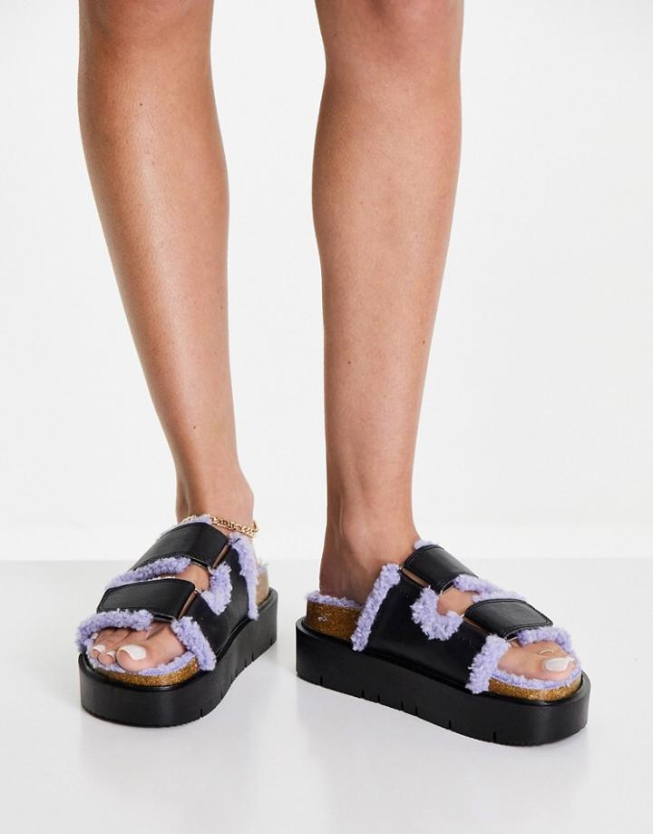 Asos Design Freely Chunky Mules In Black With Lilac Sherpa-multi