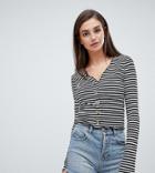 Asos Design Tall V Neck Top In Rib With Button Front And Long Sleeve In Stripe-multi