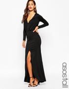 Asos Tall Crepe Deep Plunge Fishtail Maxi Dress With Split - Black