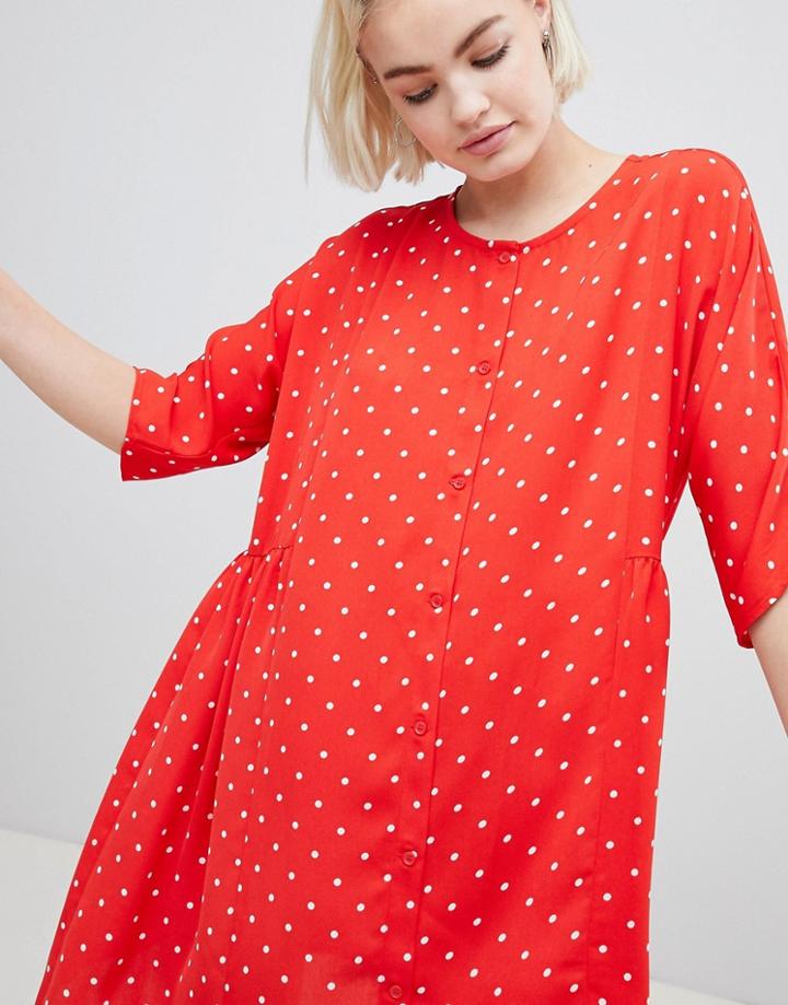 Monki Button Through Polka Dot Smock Dress - Red