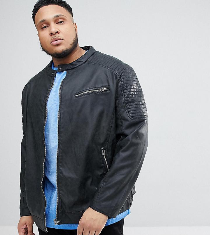 Replika Plus Faux Leather Biker Jacket-black