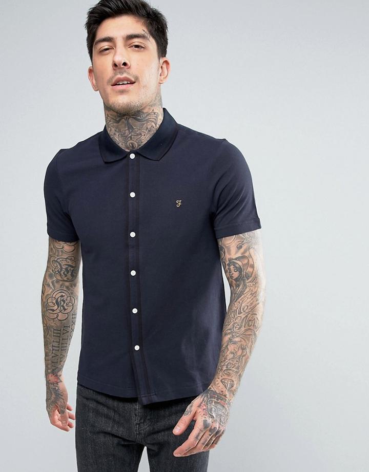 Farah Homerton Pique Shirt Short Sleeve Tipped Slim Fit In Navy - Navy
