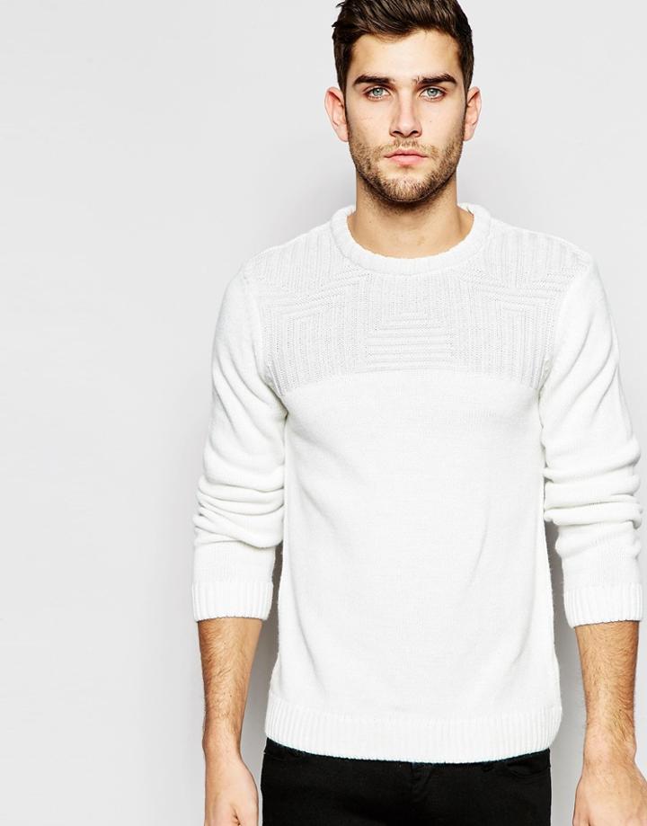Asos Crew Neck Sweater With Rib Stitch Detail - White