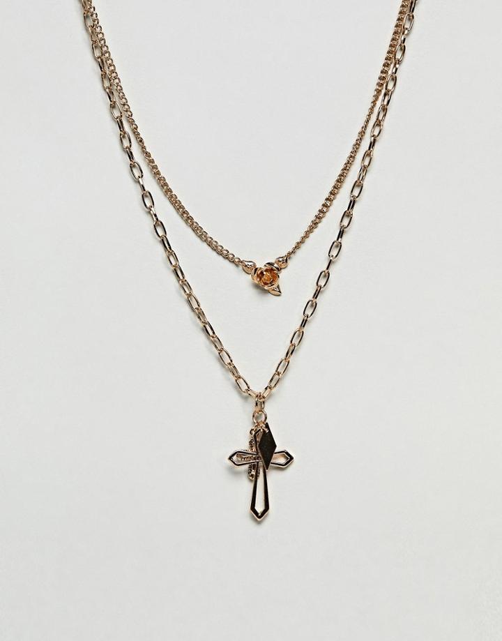 Asos Design Vintage Style Rose And Cross Pendant Multirow Necklace - Gold
