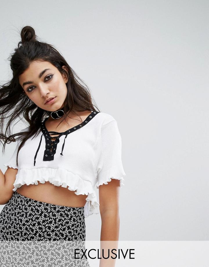 Milk It Vintage Lace Up Crop Top In Rib - White