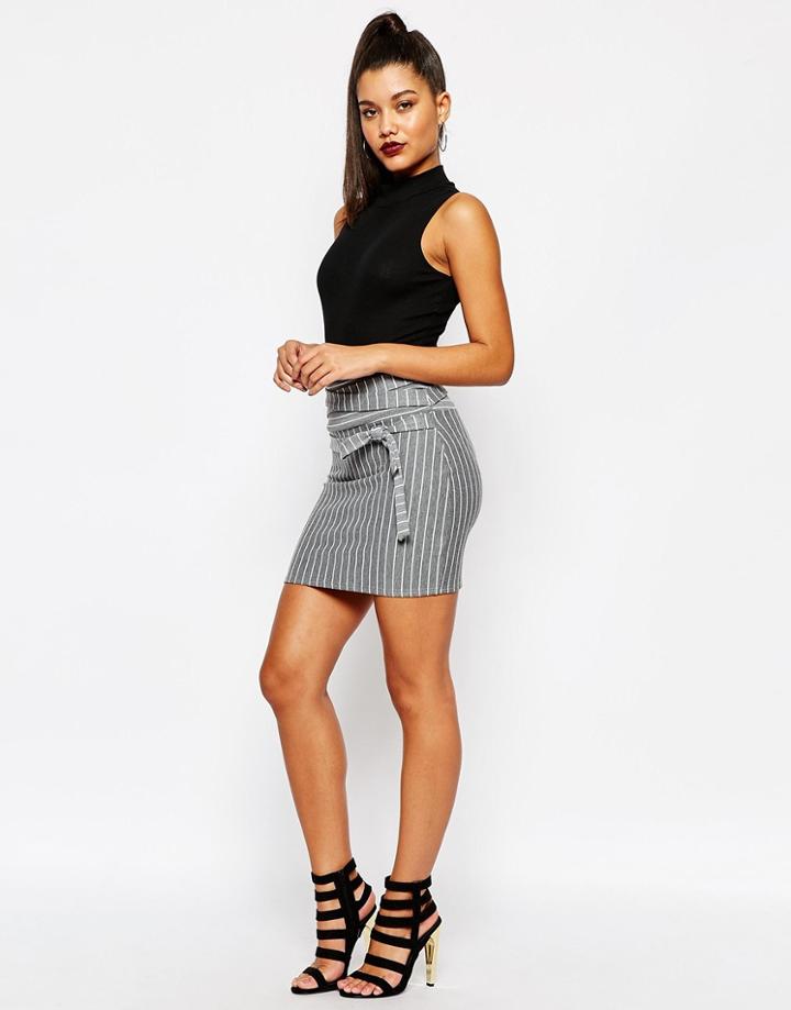 Missguided Tie Waist Pinstripe Mini Skirt - Gray