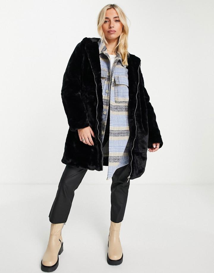 New Look Hooded Zip Up Faux Fur Coat In Black