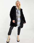 New Look Hooded Zip Up Faux Fur Coat In Black