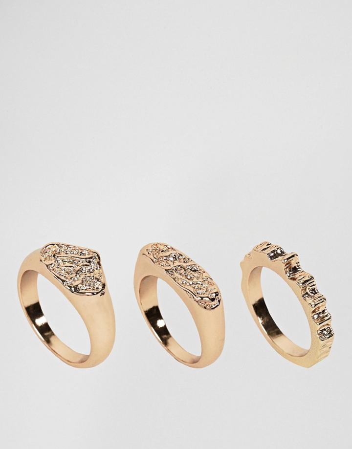 Asos Pack Of 3 Rough Hammered Rings - Gold