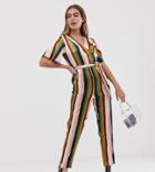 Boohoo Tie Waist Culotte Jumpsuit In Rainbow Stripe - Multi