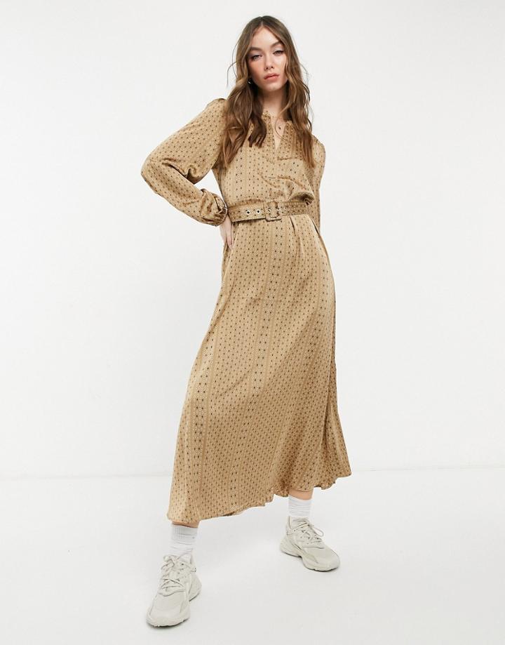 Selected Florenta Silky Volume Sleeve Maxi Dress In Gold-brown