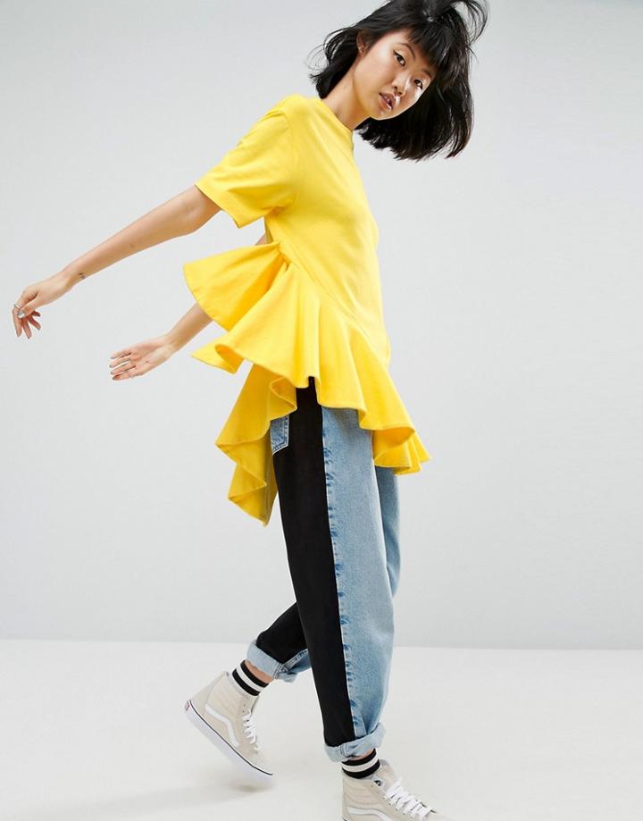 Asos White Asymmetric Frill Top - Yellow