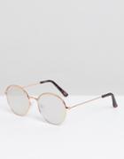 Asos Design Round Sunglasses In Rose Gold With Cap Detail & Silver Mirrored Lens - Gold