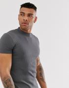 Asos Design Muscle Fit T-shirt With Turtleneck In Rib In Washed Black - Gray