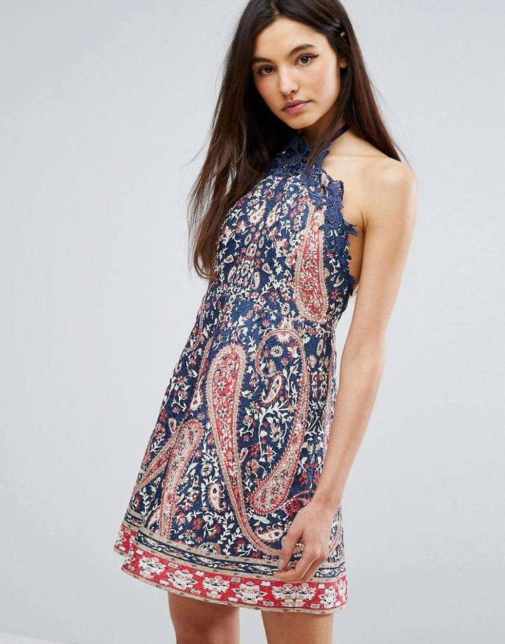 Comino Couture Halter Neck Printed Skater Mini Dress - Blue