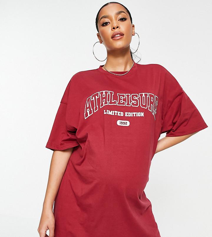 Missguided Maternity T-shirt Dress With Athleisure Graphic In Burgundy-red