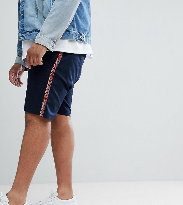 Asos Design Plus Slim Shorts In Navy With Geo-tribal Side Tape - Navy