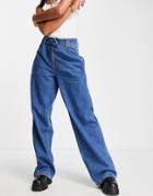 River Island High Waisted Wide Leg Jeans In Medium Blue-blues