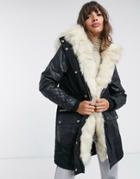 River Island Faux-leather Quilted Parka Coat In Black