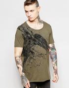 Asos T-shirt With Splatter Bird Print And Raw Edges And Scoop Neck - Spinach