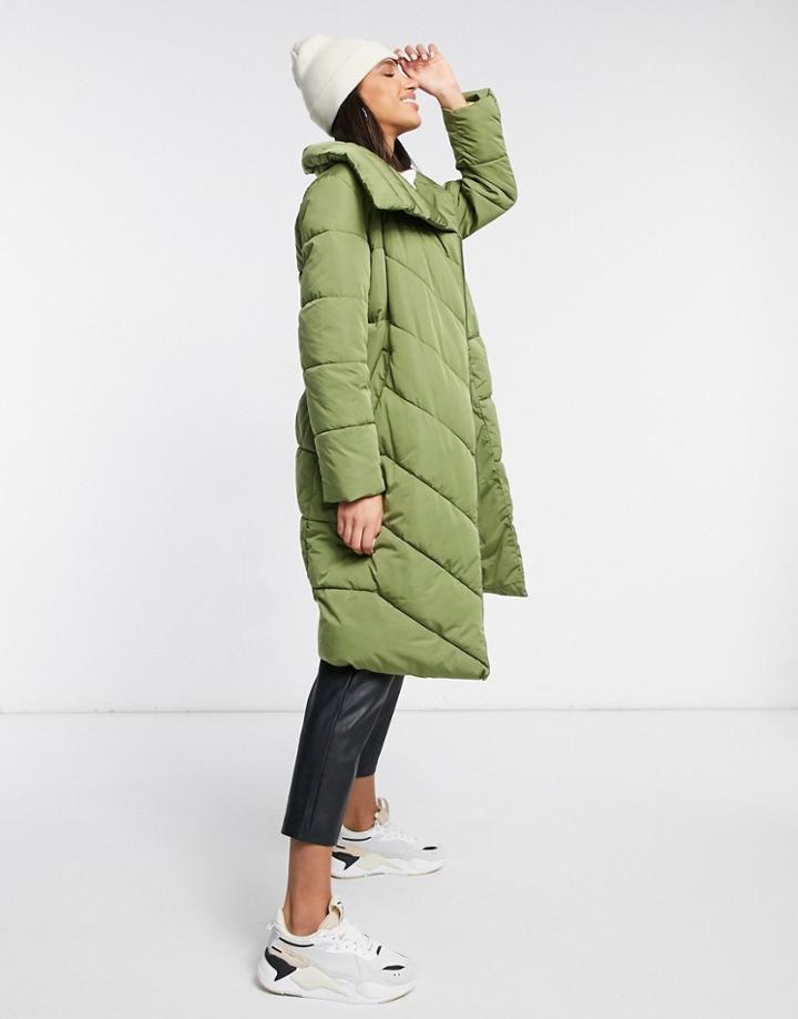Y.a.s Salina Large Collar Long Padded Jacket In Khaki-green