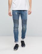 Asos Super Skinny Jeans With Biker Details In Mid Wash - Blue